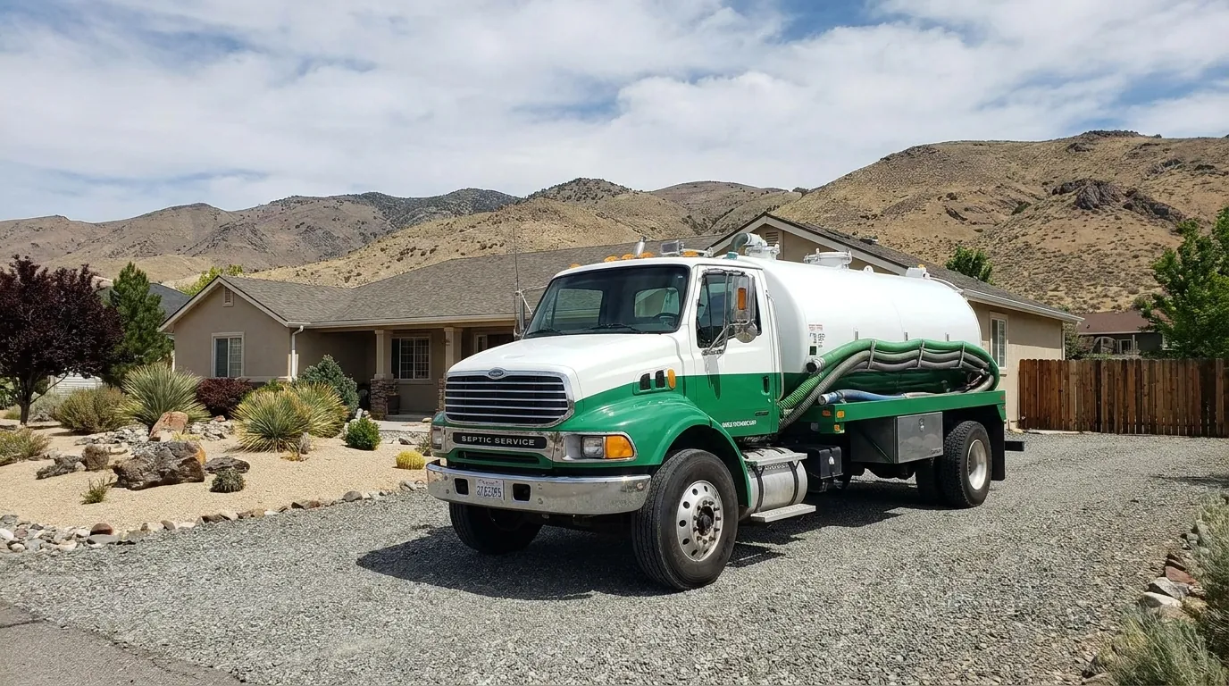 Septic service truck parked outside a home near Reno, NV