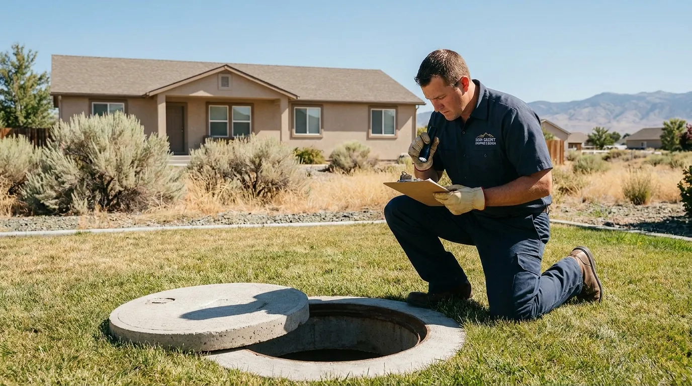 Inspector examining a septic tank access lid at a Reno home